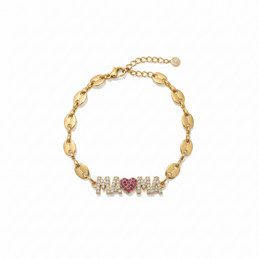 Pulsera “Mamá” en Circonia con Corazón Rosado