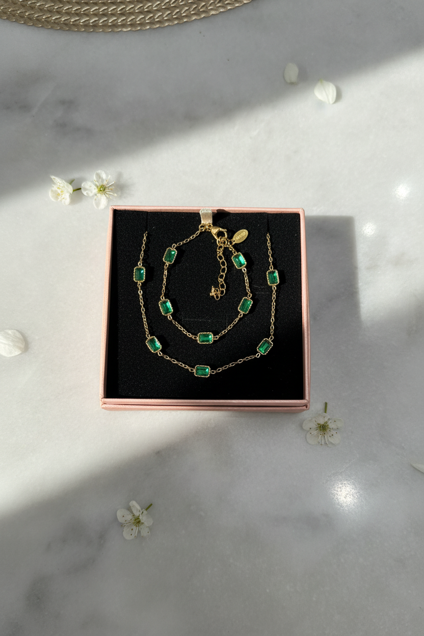 Green Bloom Set - pulsera y collar delicado con piedras verdes en acero inoxidable