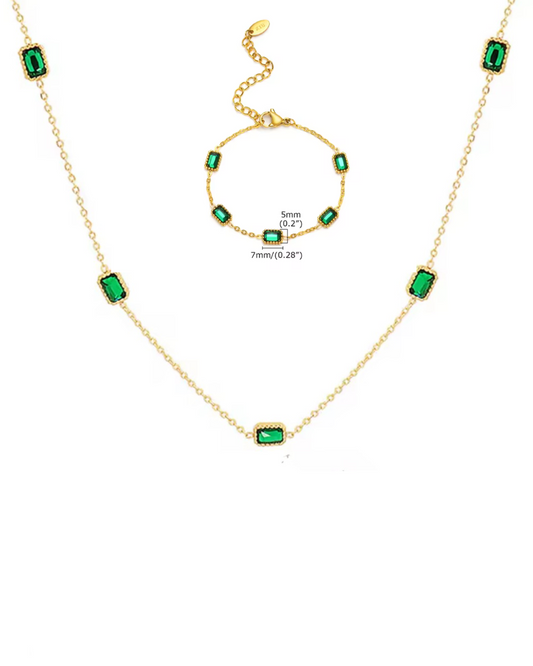 Green Bloom Set - pulsera y collar delicado con piedras verdes en acero inoxidable